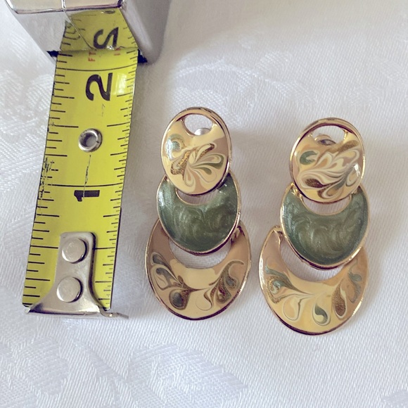 Cream and Green Hand-Painted Enamel Earrings - Picture 3 of 4